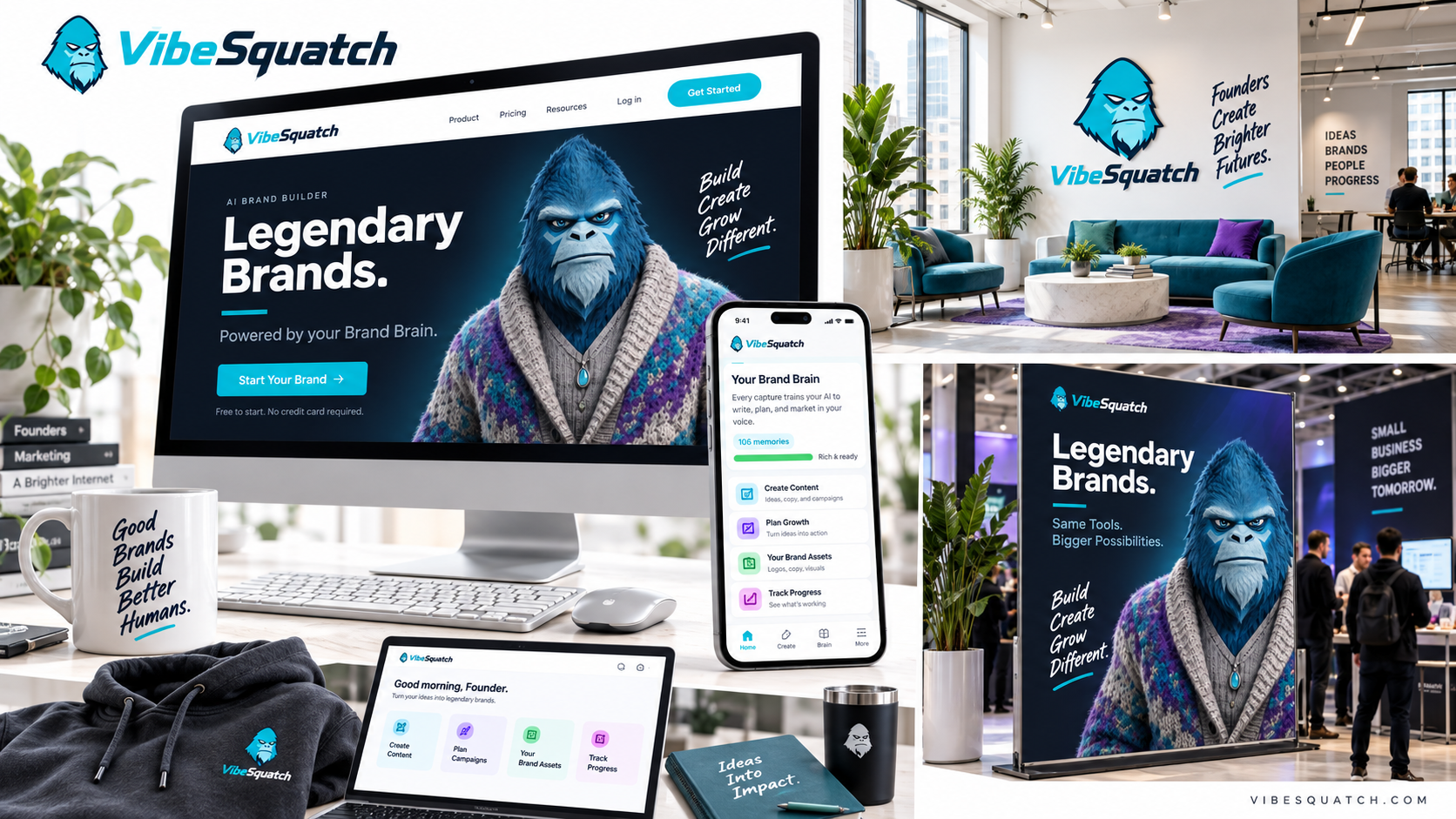 VibeSquatch brand system displayed across a website, mobile app, office graphics, event signage, apparel, and merchandise.