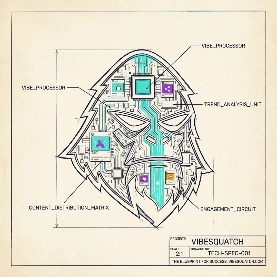 Technical blueprint illustration of the VibeSquatch mascot with labeled creative-system components.