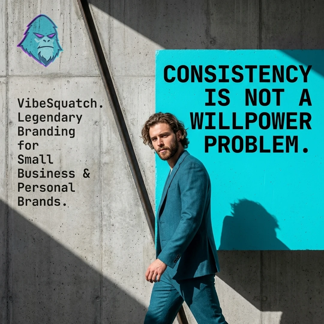 Editorial VibeSquatch poster with a man in a teal suit and the words Consistency is not a willpower problem.