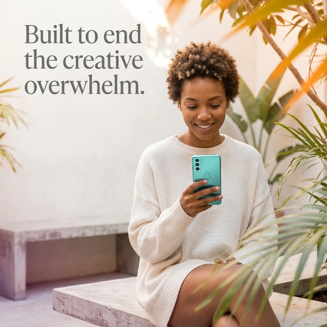 Woman looking at a phone in a bright interior with the words Built to end the creative overwhelm.
