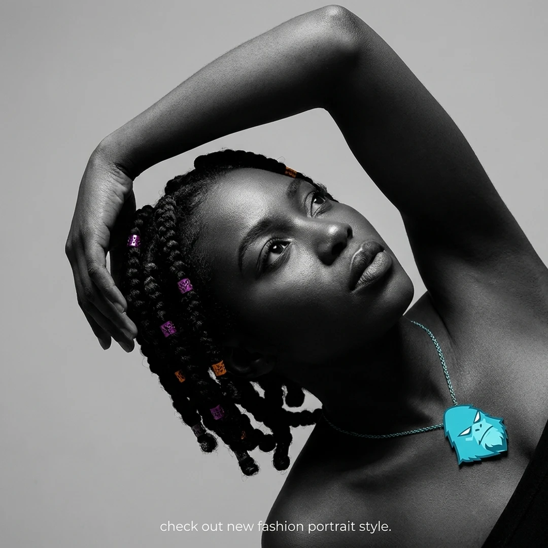 Black-and-white fashion portrait with colorful beads and a cyan VibeSquatch pendant.