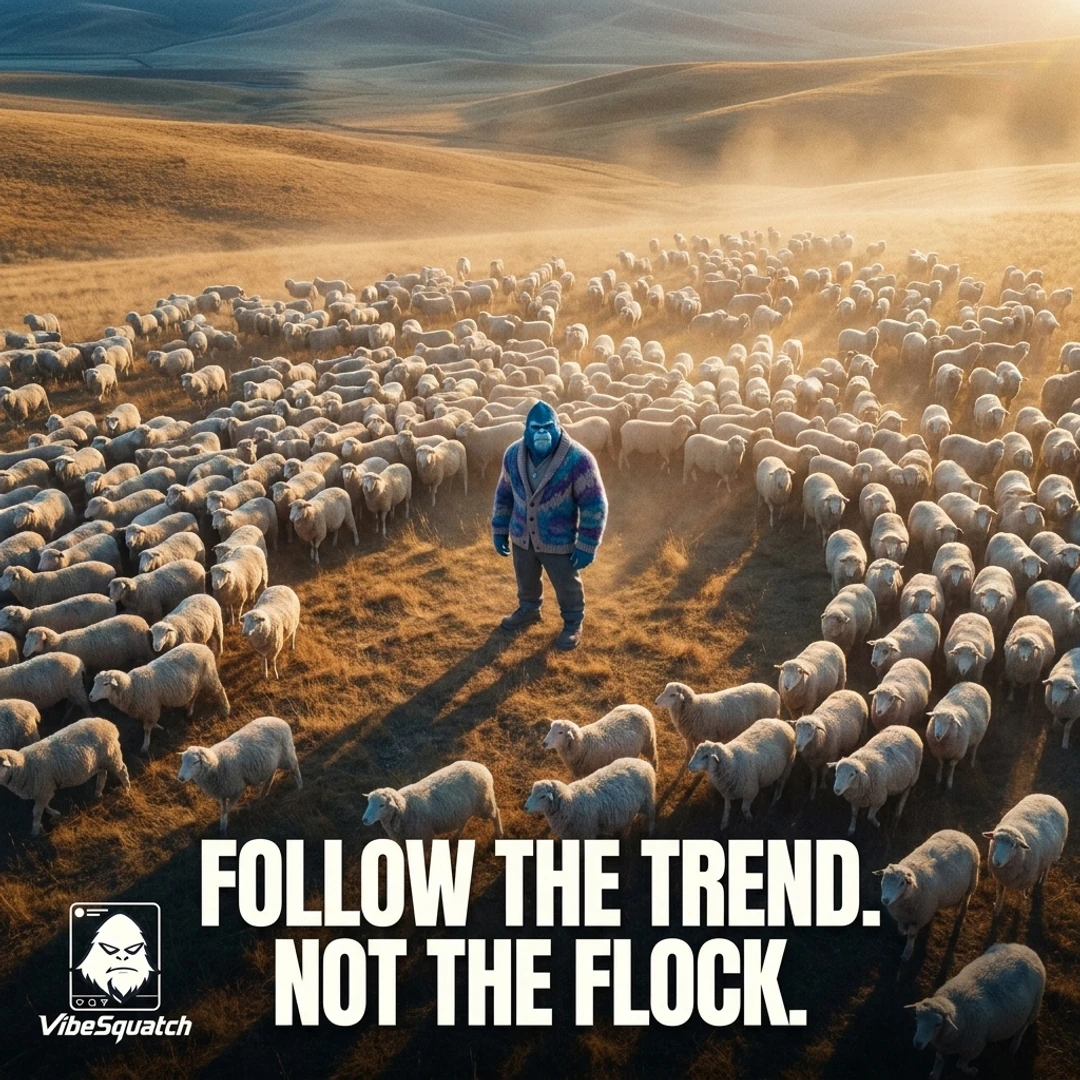 VibeSquatch character standing among sheep with the words Follow the trend, not the flock.