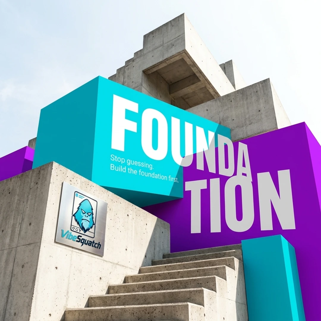 Brutalist concrete structure with cyan and purple blocks reading Foundation and the VibeSquatch logo.