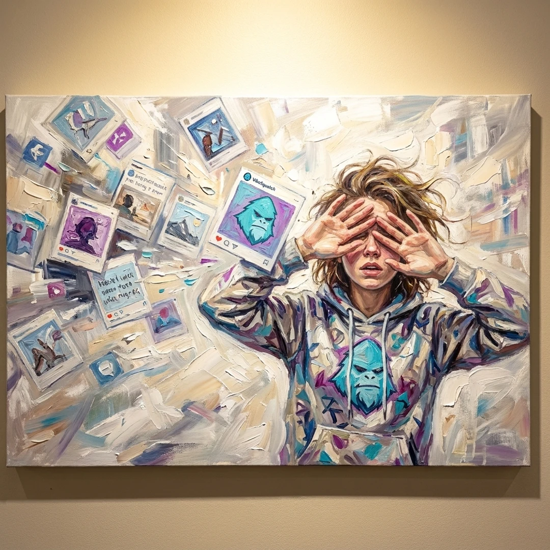 Gallery artwork showing a person in a VibeSquatch jacket surrounded by floating image cards.