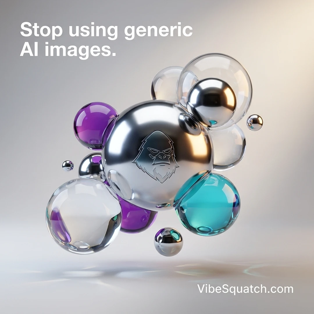 Reflective silver, cyan, and purple forms beside the words Stop using generic AI images.
