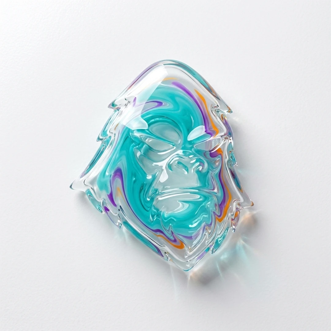 Translucent iridescent glass sculpture shaped like the VibeSquatch mascot mark.