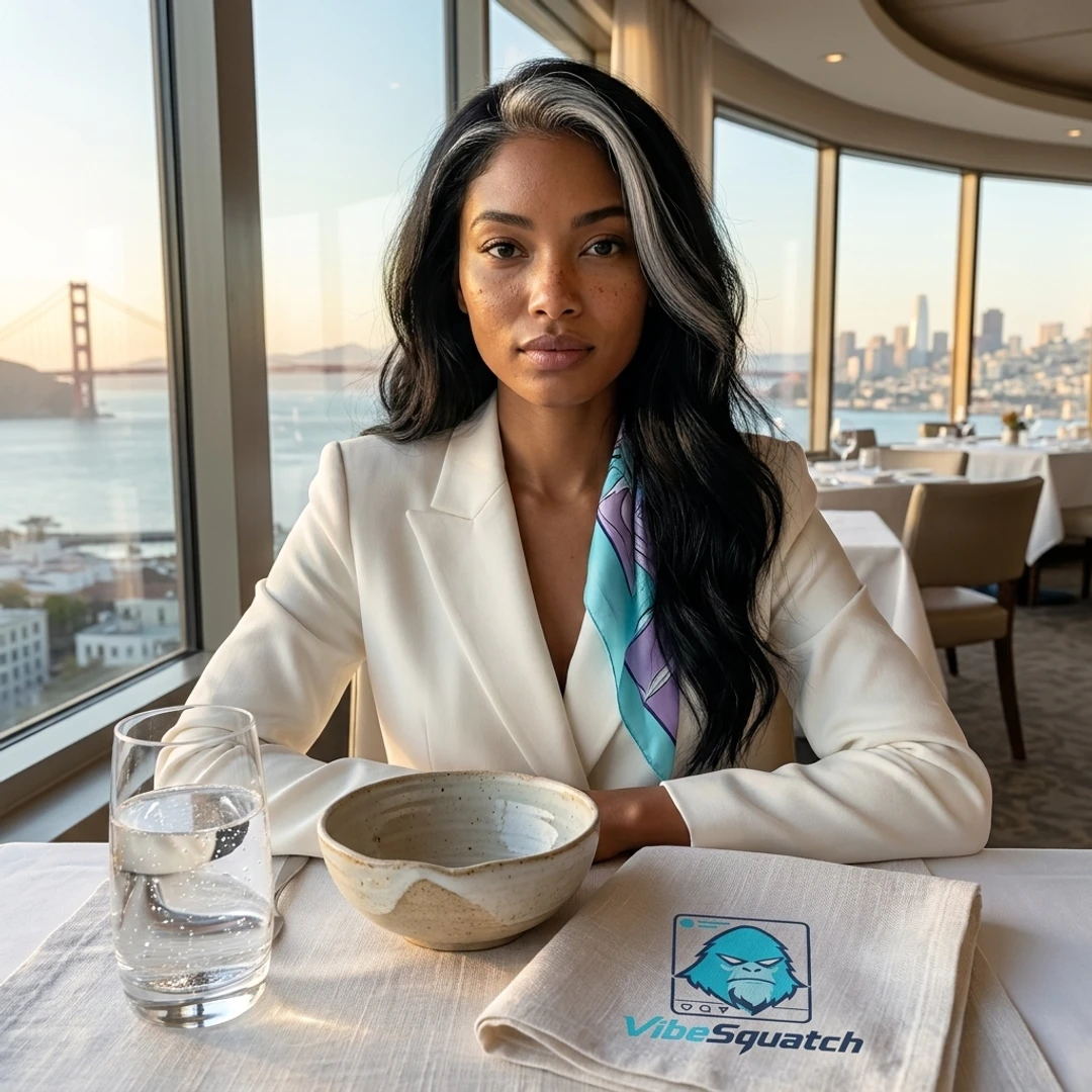 Woman seated in a waterfront restaurant with the VibeSquatch logo embroidered on a table napkin.