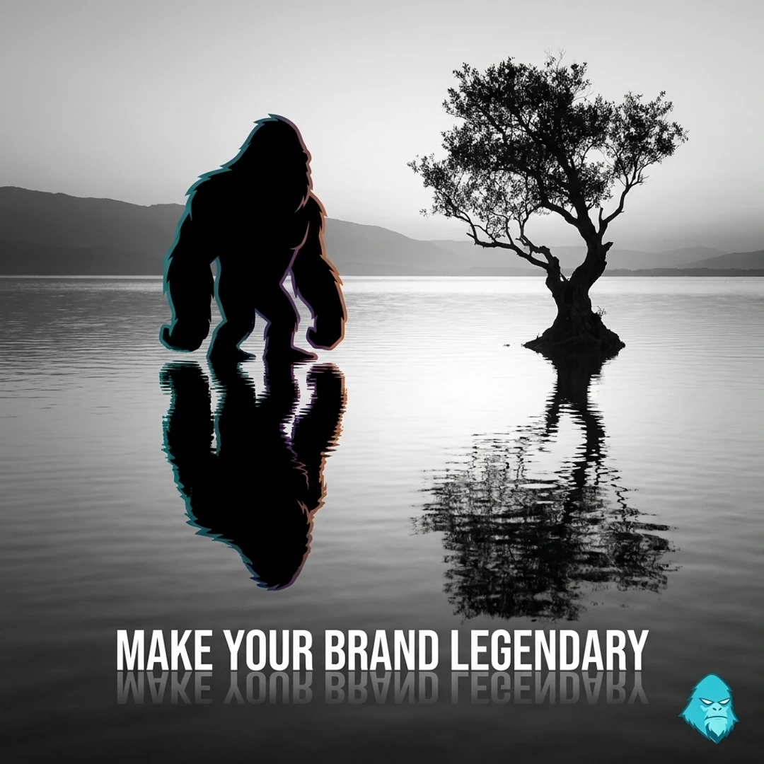 VibeSquatch silhouette reflected in water beside a lone tree and the words Make your brand legendary.