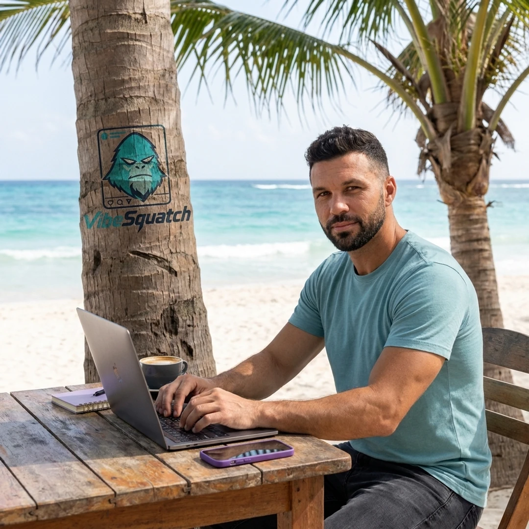 Man working on a laptop beside a tropical beach with the VibeSquatch logo on a palm tree.