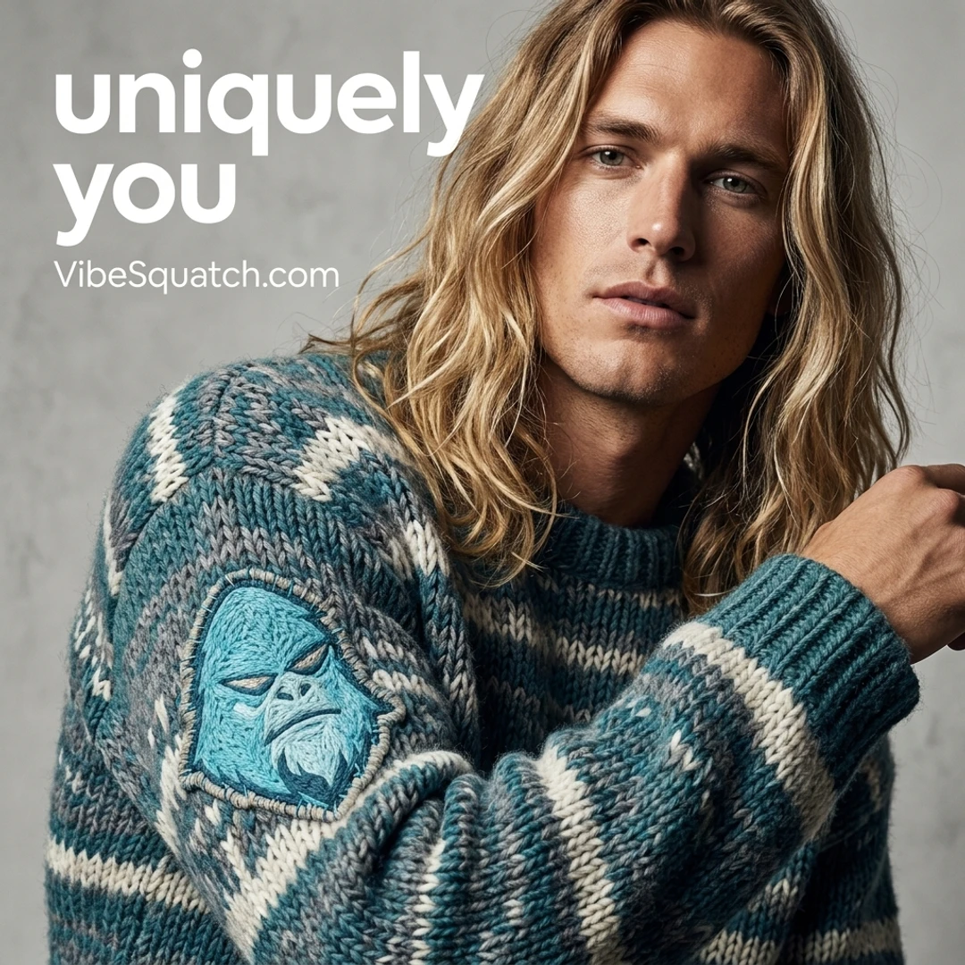 Fashion portrait of a man wearing a patterned sweater with a VibeSquatch patch and the words Uniquely you.