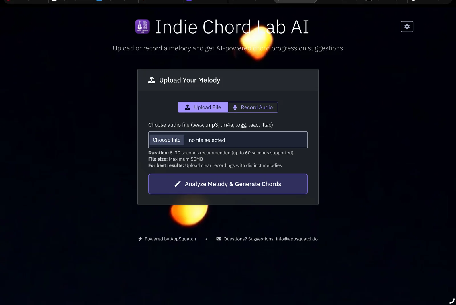 Indie Chord Lab AI interface for uploading or recording a melody and generating chord suggestions.
