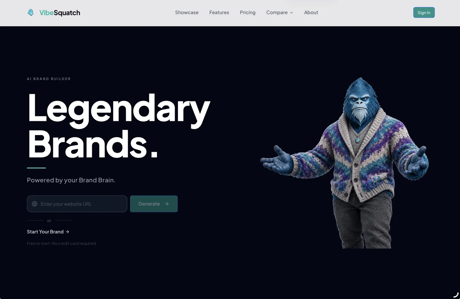 VibeSquatch AI Brand Builder homepage with the Legendary Brands message, website input, and VibeSquatch character.