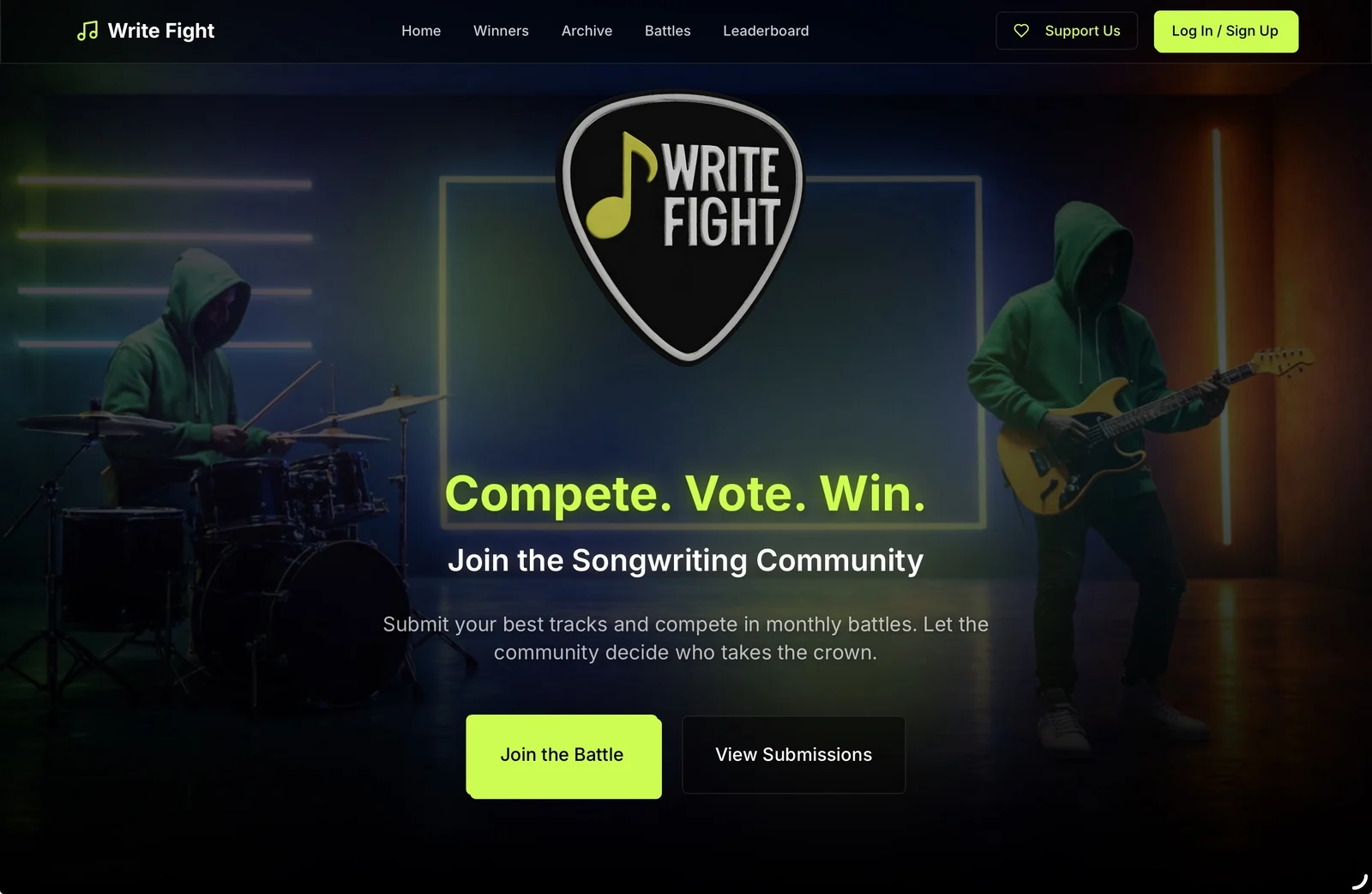 WriteFight homepage inviting musicians to compete, vote, and win in community songwriting battles.