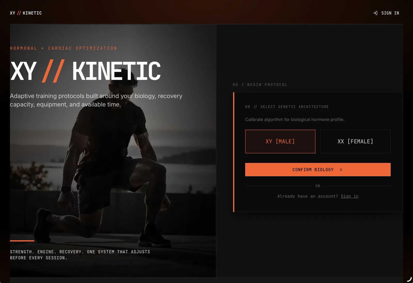 XY Kinetic fitness platform onboarding screen with an athlete, adaptive training message, and biological profile selection.